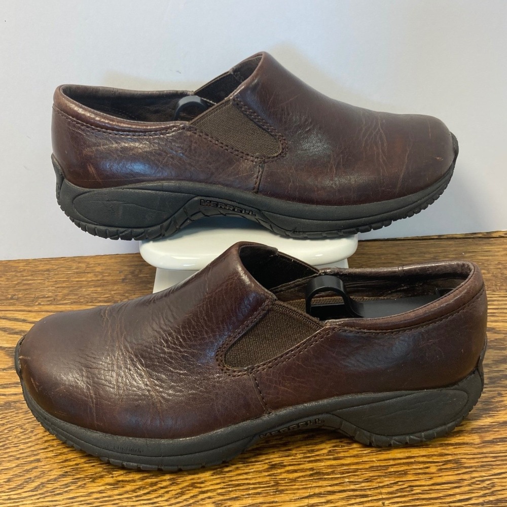 Merrell Encore Moc Pro Dark Brown Leather Slip On Clogs Womens Size 7 J66378